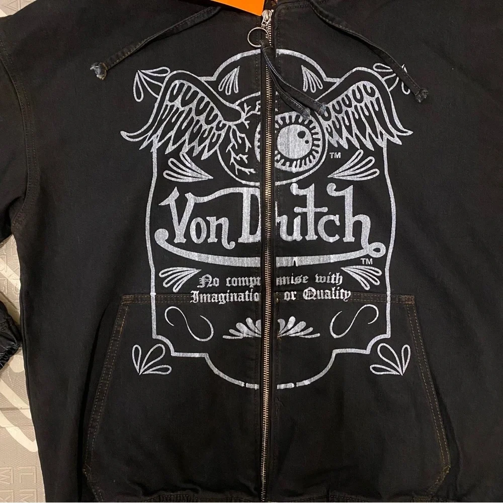 Von Dutch vintage retro washed denim jean hoodie jacket coat large